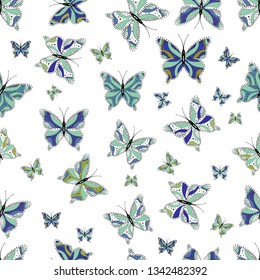 Background for textile, fabric, print and invitation. Vector. Seamless pattern with butterflies. Illustration in neutral, white and blue colors.