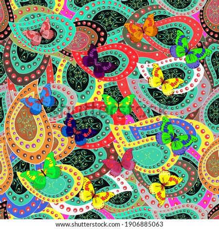 Background for textile, fabric, print and invitation. Seamless pattern with butterflies. Vector. Illustration in green, gray and blue colors.