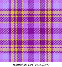 Material textil de fondo sin costura. Tejido vectorial tartán. Colocar textura de patrón de comprobación en colores violeta y amarillo.