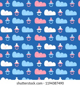 Background, texture, backdrop, pattern, wallpaper with children cartoon doodle of clouds and pacifier. Educational games for kids illustration. Baby shower. Icons set. Newborn baby vector collection. baby care