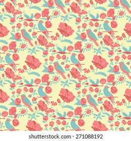 Background, texture with flowers and birds. Seamless. Doodle.