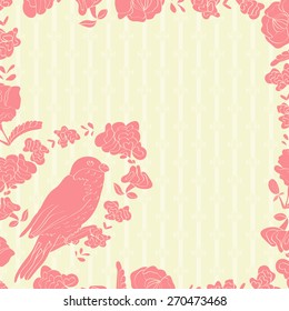 Background, texture, background, frame with flowers, bird. Pink color. Silhouette. Doodle.