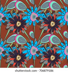 Background texture in green, brown and blue colors. Endless floral abstract seamless pattern. Vector illustration.