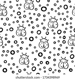 Background texture with ladybugs. Vector seamless texture with insects. Seamless pattern for paper, fabric. Children's cute style. Round shapes.