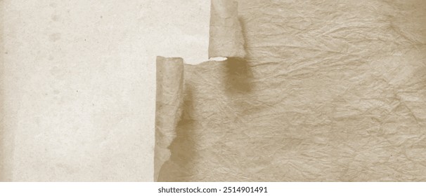 Background texture of old wrinkled torn paper, tattered vintage parchment roll, horizontal vector banner