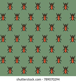 Background (texture) in oriental style - a pattern from a rhinoceros beetle. Insects are orange on a green background. Beetles are staggered. Stylish bright, cheeky pattern for the fabric.