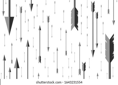 Background, texture, ornament in the form of flying, rising and falling silver arrows of different sizes at different distances, depth of field. On a white neutral isolated background.