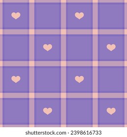 Background texture plaid of vector seamless fabric with heart and check textile pattern tartan in indigo and pastel colors.