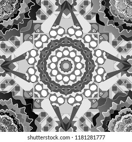 Background, texture with pop art effect. Vector seamless pattern. Technologic fabric tile card cover print badge. Geometric design template with gray, black and white elements.