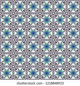 Background, texture with pop art effect. Geometric design template with white, blue and violet elements. Vector seamless pattern. Technologic fabric tile card cover print badge.