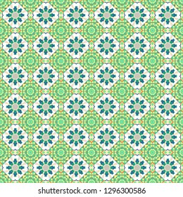 Background, texture with pop art effect. Vector seamless pattern. Geometric design template with yellow, white and green elements. Technologic fabric tile card cover print badge.