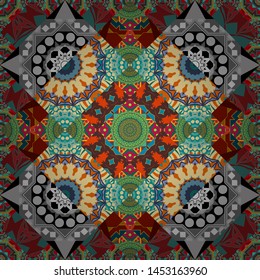 Background, texture with pop art effect. Geometric design template with gray, red and blue elements. Vector seamless pattern. Technologic fabric tile card cover print badge.