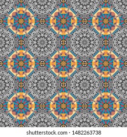 Background, texture with pop art effect. Geometric design template with blue, gray and yellow elements. Vector seamless pattern. Technologic fabric tile card cover print badge.