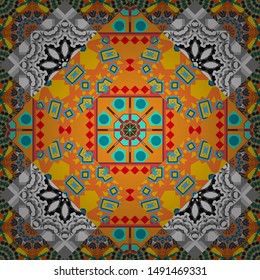 Background, texture with pop art effect. Geometric design template with blue, orange and gray elements. Technologic fabric tile card cover print badge. Vector seamless pattern.
