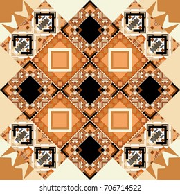 Background, texture with pop art effect. Geometric design template with brown, orange and beige elements. Technologic fabric tile card cover print badge. Vector seamless pattern.