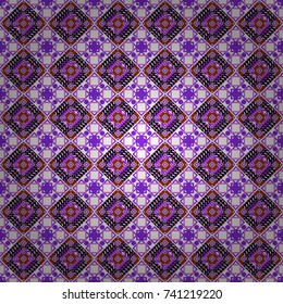 Background, texture with pop art effect. Vector seamless pattern. Geometric design template with black, violet and white elements. Technologic fabric tile card cover print badge.