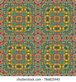 Background, texture with pop art effect. Vector seamless pattern. Geometric design template with yellow, blue and green elements. Technologic fabric tile card cover print badge.