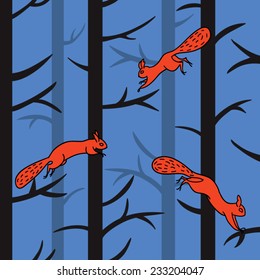 Background texture with red squirrels jumping up and down the forest trees at night