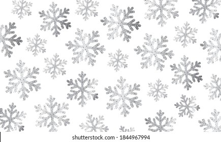 Background texture with silver snowflakes on white backdrop, illustration made of shiny particles effect, modern stylish wrap