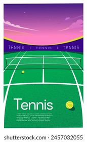 BACKGROUND AND TEXTURE FOR TENNIS, VECTOR IMAGE OF A GREEN TENNIS COURT WITH BALLS ON IT. BANNER, POSTER, FLYER