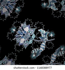 Background texture, wallpaper, floral theme in black, blue and white colors. Abstract ethnic vector seamless pattern. Tribal art boho print, vintage flower background.