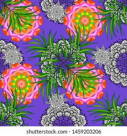 Background texture, wallpaper, floral theme in green, white and violet colors. Tribal art boho print, vintage flower background. Abstract ethnic vector seamless pattern.
