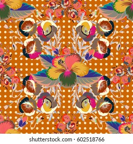 Background texture, wallpaper, floral theme in pink and green colors. Abstract ethnic vector seamless pattern. Tribal art boho print, vintage flower background.