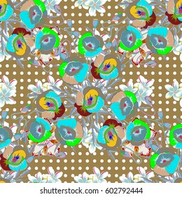 Background texture, wallpaper, floral theme in green and blue colors. Abstract ethnic vector seamless pattern. Tribal art boho print, vintage flower background.