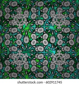 Background texture, wallpaper, floral theme in colors. Abstract ethnic vector seamless pattern. Tribal art boho print, vintage green doodles background.