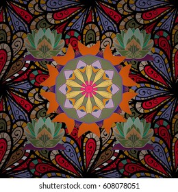 Background texture, wallpaper, floral theme in colors. Abstract ethnic vector seamless pattern. Tribal art boho print, vintage flower background.