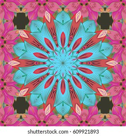Background texture, wallpaper, floral theme in colorful colors. Abstract ethnic vector seamless pattern. Tribal art boho print, vintage flower background.