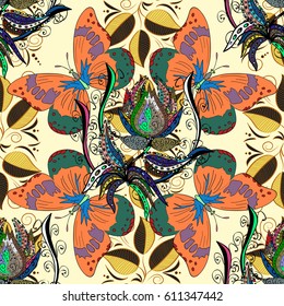 Background texture, wallpaper, floral theme in colors. Abstract ethnic vector seamless pattern. Tribal art boho print, vintage flower background.