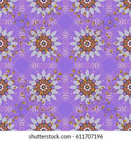Background texture, wallpaper, floral theme in colors. Abstract ethnic vector seamless pattern. Tribal art boho print, vintage flower background.