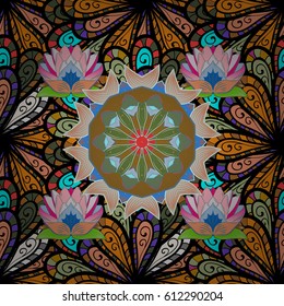 Background texture, wallpaper, floral theme in colors. Abstract ethnic vector seamless pattern. Tribal art boho print, vintage flower background.