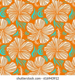 Background texture, wallpaper, floral theme. Abstract ethnic vector seamless pattern. Tribal art boho print, vintage white, orange and blue flower background.