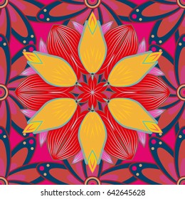 Background texture, wallpaper, floral theme in red colors. Abstract ethnic vector seamless pattern. Tribal art boho print, vintage flower background.