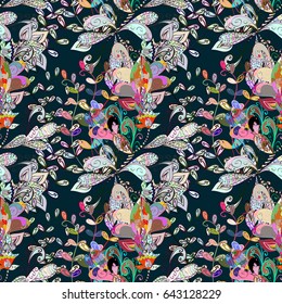 Background texture, wallpaper, floral theme in blue colors. Abstract ethnic vector seamless pattern. Tribal art boho print, vintage flower background.