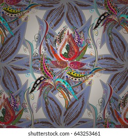 Background texture, wallpaper, floral theme in blue and pink colors. Abstract ethnic vector seamless pattern. Tribal art boho print, vintage flower background.