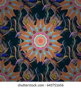 Background texture, wallpaper, floral theme in blue colors. Abstract ethnic vector seamless pattern. Tribal art boho print, vintage flower background.