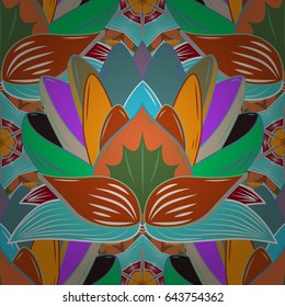 Background texture, wallpaper, floral theme in blue colors. Abstract ethnic vector seamless pattern. Tribal art boho print, vintage flower background.
