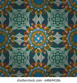 Background texture, wallpaper, floral theme in blue colors. Abstract ethnic vector seamless pattern. Tribal art boho print, vintage flower background.