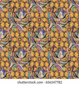 Background texture, wallpaper, floral theme in colors. Abstract ethnic vector seamless pattern. Tribal art boho print, vintage flower background.