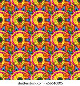 Background texture, wallpaper, floral theme in colors. Abstract ethnic vector seamless pattern. Tribal art boho print, vintage flower background.