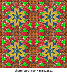 Background texture, wallpaper, floral theme in colors. Abstract ethnic vector seamless pattern. Tribal art boho print, vintage flower background.