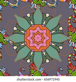 Background texture, wallpaper, floral theme in colors. Abstract ethnic vector seamless pattern. Tribal art boho print, vintage flower background.