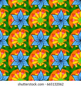 Background texture, wallpaper, floral theme in colors. Abstract ethnic vector seamless pattern. Tribal art boho print, vintage flower background.