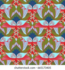 Background texture, wallpaper, floral theme in colors. Abstract ethnic vector seamless pattern. Tribal art boho print, vintage flower background.