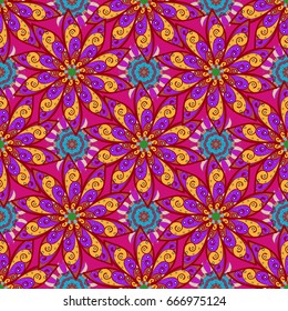 Background texture, wallpaper, floral theme in colors. Abstract ethnic vector seamless pattern. Tribal art boho print, vintage flower background.
