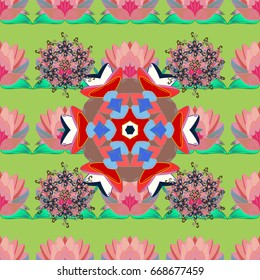 Background texture, wallpaper, floral theme in pink colors. Abstract ethnic vector seamless pattern. Tribal art boho print, vintage flower background.
