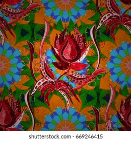 Background texture, wallpaper, floral theme in blue colors. Abstract ethnic vector seamless pattern. Tribal art boho print, vintage flower background.